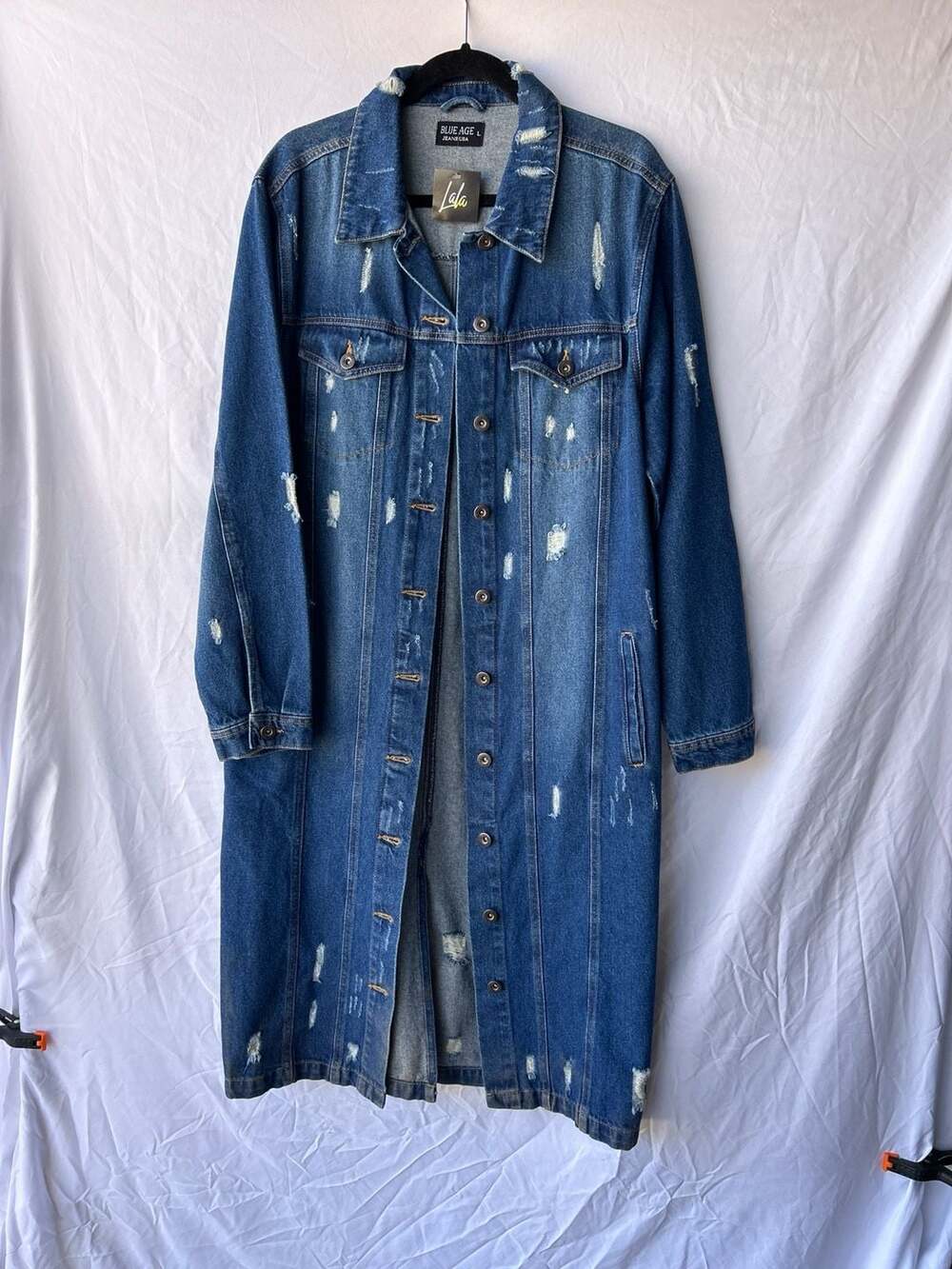 NWT Dressed in LaLa Blue Age Jeans USA Distressed Long Denim Duster Jacket